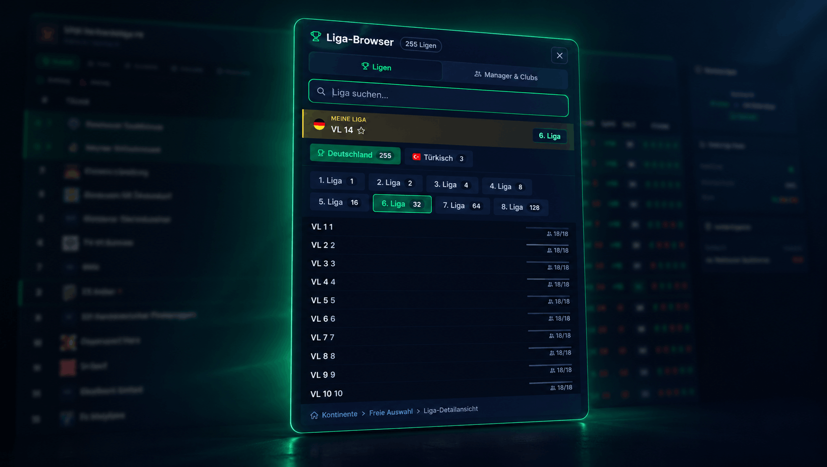 League browser: your league, search and divisions from the 1st to the 8th tier